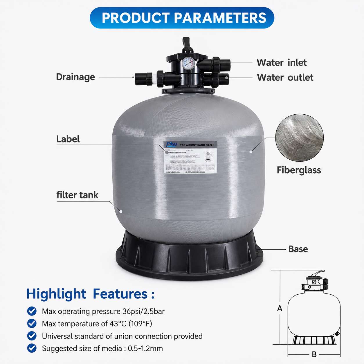 Top Mount Pikes Fiberglass Sand Filter for Pools